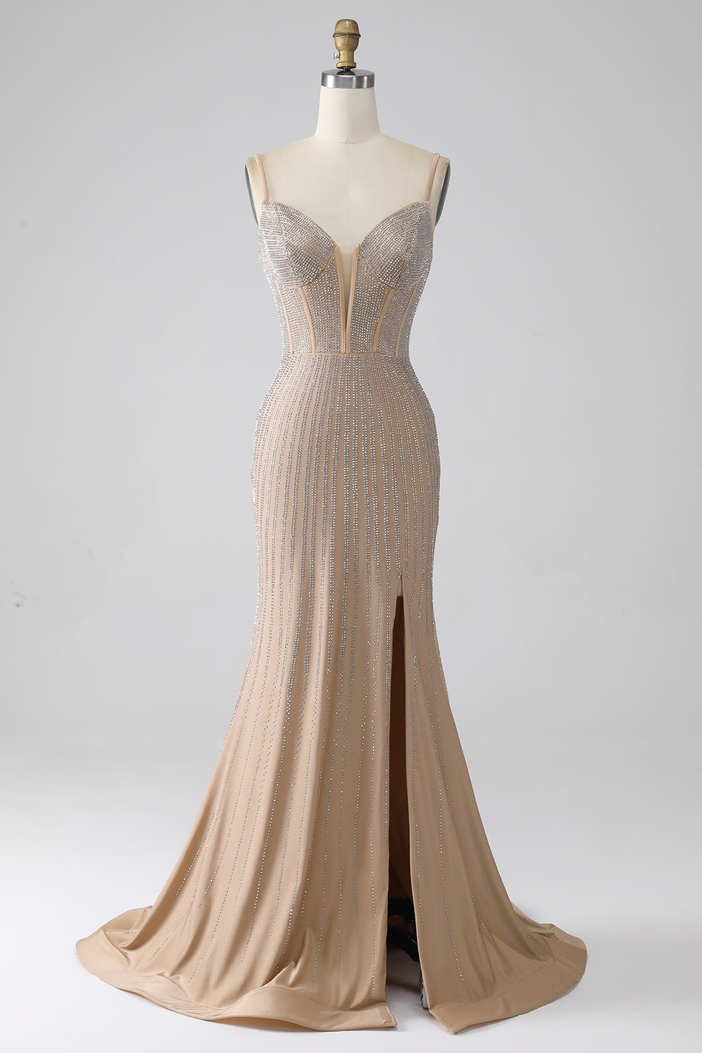 Luolandi Champagne Mermaid Beaded Spaghetti Straps Long Prom Dress Sparkly Evening Dress